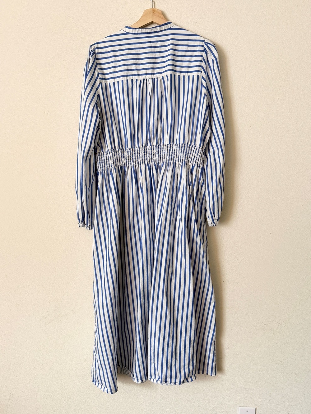 Boden SIZE 16-18 smocked waist blue white striped long sleeve cotton midi dress - Picture 5 of 7